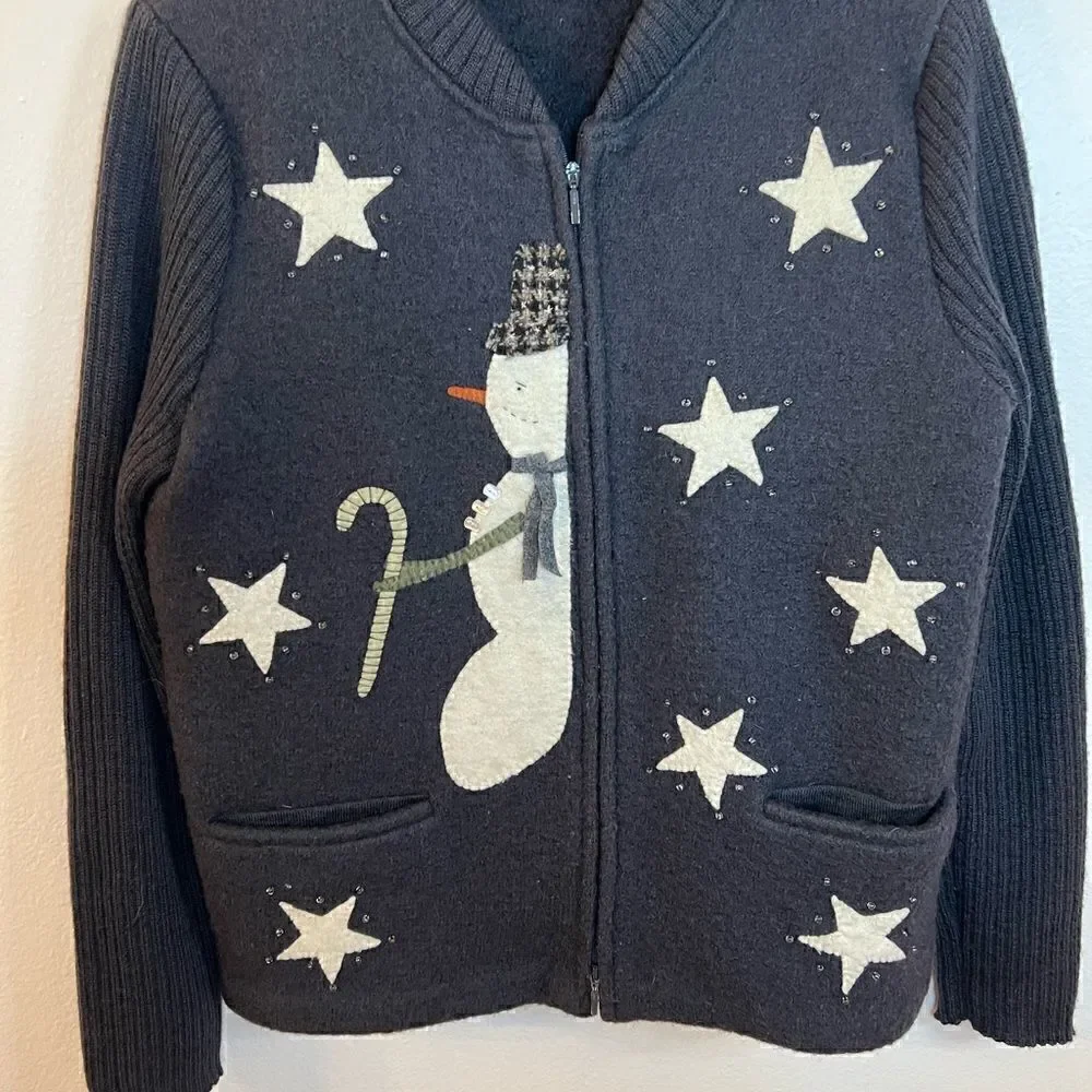 Christopher & Banks sweater women sz large winter snowman zip front black wool